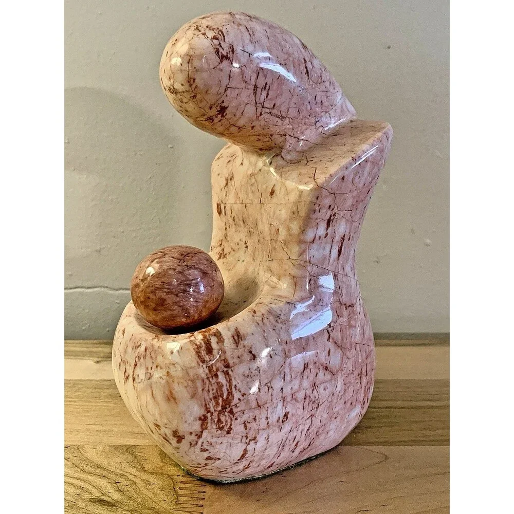 VINTAGE PINK MARBLE SCULPTURE- Abstract Mother & Child, Mid Century Modern 7